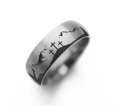十字架符号婚戒,山脉十字婚戒,自然十字戒指 — 第 1/4 张图片