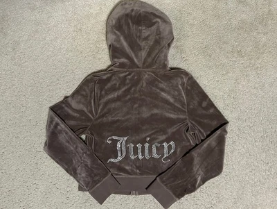JUICY COUTURE Velour Hoodie LARGE Brown Sugar Full Zip Y2K Classic Track Jacket - Image 1 of 4