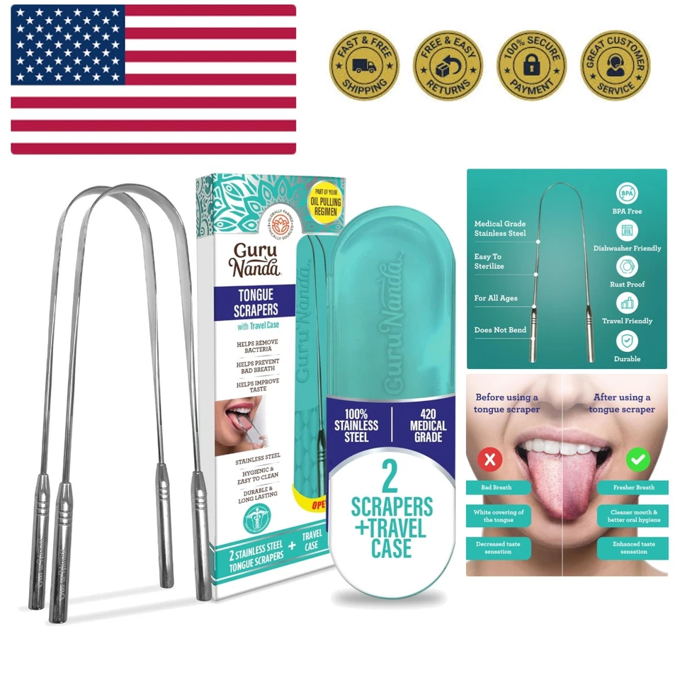 GuruNanda Tongue Scraper for Adults (2 Pack) with Travel Case 420 Medical-grade