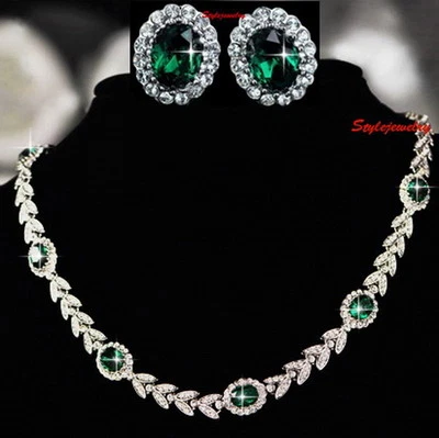 18k White Gold Filled Green Emerald Crystal Vintage Tennis Bridal Set XS15 Foto 1 de 4