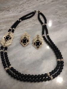 Vintage Japanese Jewelry Lot Of Matching Necklace &Earrings With Ceramic Accents - Picture 1 of 10