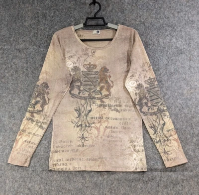 One World Top Mujer Grande Beige Tejido Pullover Estampado Gráfico Tachuelas Manga 3/4 Foto 1 de 4