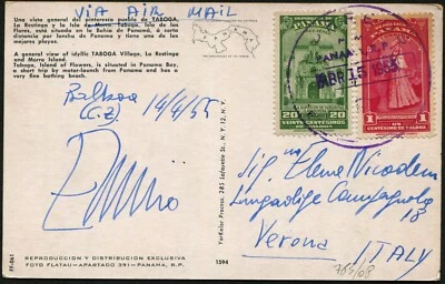 Cartão postal do Panamá para a Itália correio aéreo 1955 América Latina - Imagem 1 de 2