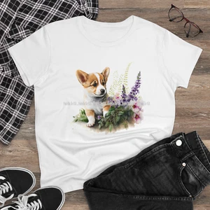 Corgi Welsh Pembroke Puppy Dog Breed Watercolor Floral Art #1 Ladies T Shirt - Picture 1 of 3