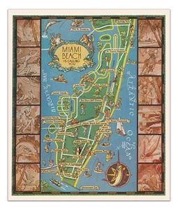 Vintage Illustrated Map of Miami Beach – “Is Calling You” Poster 1930s Reprint - Picture 1 of 4