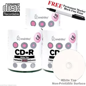 Paquete de 300 discos de grabación SmartBuy CD-R 52X 700 MB blancos + marcador permanente negro - Imagen 1 de 4