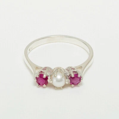 925 Sterling Silver Cultured Pearl Ruby Womens Trilogy Ring - Sizes 4 to 12 - Image 1 of 4