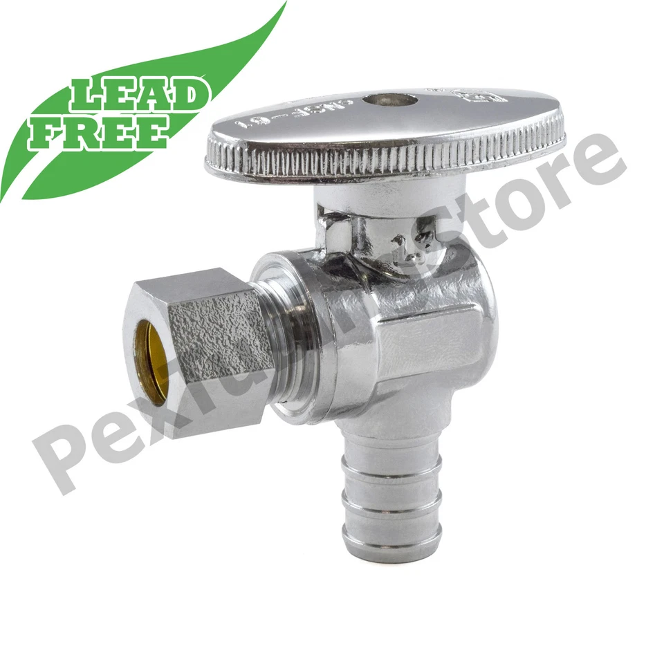 (10) 1/2 «PEX обжим x 3/8» OD Compr. Угловые стопорные клапаны, 1/4 оборота, NSF без свинца - Изображение 1 из 1