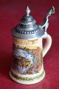 Tazza birra in pietra vintage Germania Praga Germania scudo Rothenburg coperchio in peltro - Foto 1 di 12