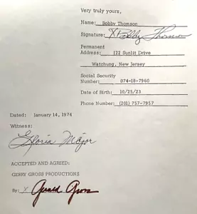 BOBBY THOMSON SIGNED RARE ORIG. 1974 CONTRACT FOR "THE WAY IT WAS" TV SHOW!!!!! - Picture 1 of 4