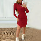 Womens Long Sleeve Bodycon Dress Ladies Ribbed V-neck Stretch Party Mini Dresses