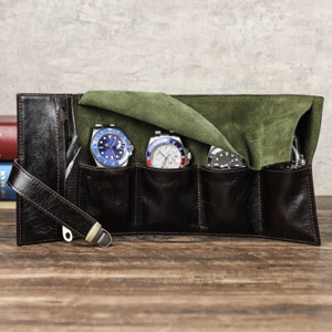 4 Slots Uhrenrolle Reisetasche Echtleder Uhren Schmuck Aufbewahrung Tasche Tasche - Bild 1 von 13