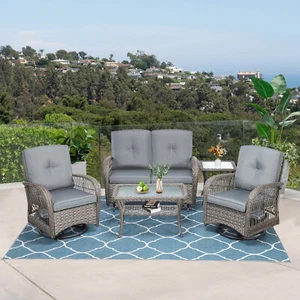 Outdoor Wicker Conversation Set w/ Swivel Chairs Glider Loveseat Patio Furniture - Picture 1 of 24