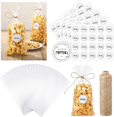 100 juegos de bolsas transparentes para palomitas de maíz etiquetas de agradecimiento de baby shower cuerda natural 4,9 X Foto 1 de 4
