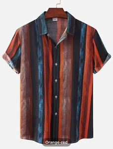 Men’s Turn-Down-Collar Short-Sleeve Button-Down Striped Dark Oranges & Blues - Picture 1 of 9