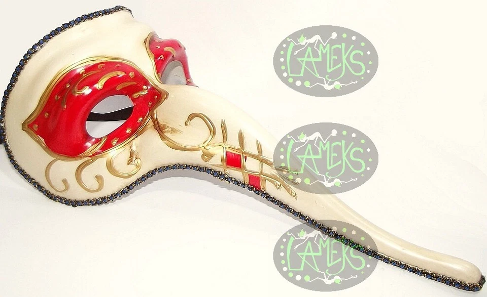 MASCHERA VENEZIANA BECCO Medico della peste naso lungo bianco avorio rosso - Immagine 1 di 1