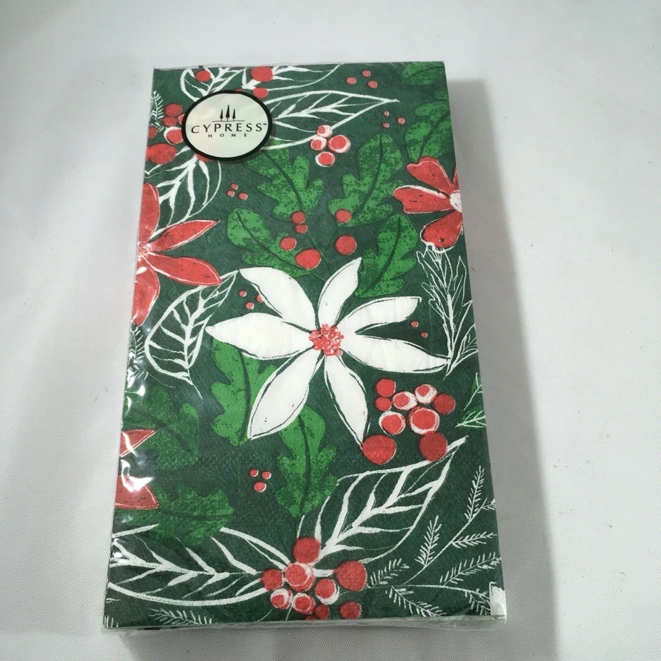 Cypress Home Green Holly Poinsettia Guest Towels Buffet Napkins 15 Count - Image 1 of 3