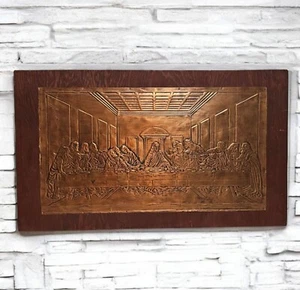 VTG Last Supper Copper Embossed Relief 1960's MCM Jesus Wall Art On Plywood - Picture 1 of 11