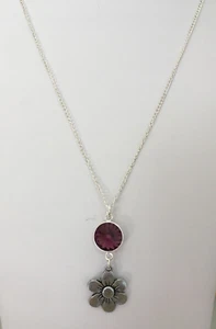 Purple Glass Crystal & Tibetan Silver Flower Pendant on a 19" SP Curb Link Chain - Picture 1 of 4
