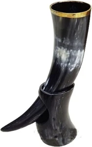 Natural Viking Drinking Horn with Stand Ale Beer Wine Mug Goblet Game of Thrones - Picture 1 of 6