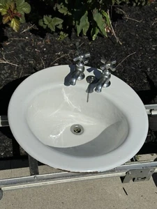 Vintage CRANE Drop In Bathroom Sink CAST IRON Clean w/ Working Faucets 19x19" - Picture 1 of 16