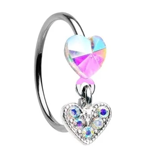 Body Accentz Double Heart Drop Dangle Gem Bendable Nose Hoop Ring - Picture 1 of 1