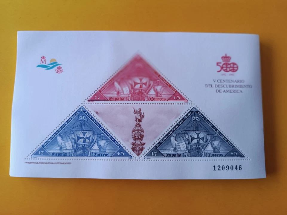 HOJA BLOQUE DE 3 SELLOS DE 17+5 PTAS. CENT. DESCUBRIMIENTO AMÉRICA EDIFIL 3163 - Imagen 1 de 1