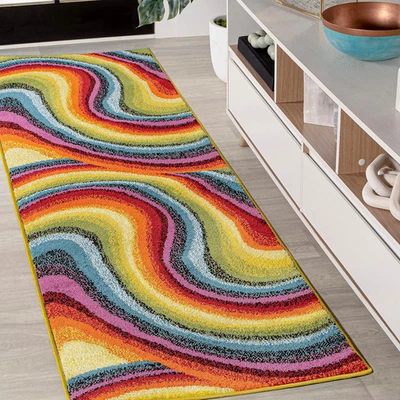 Alfombra Flow Abstract Swirl Runner 2X8, roja/amarilla/azul, moderna, costera, fácil de limpiar Foto 1 de 4