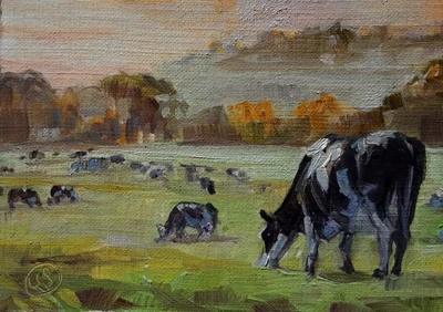 Vacas #110, pintura al óleo original ACEO "Buenos días" ATC por Lee Ellen Smith Foto 1 de 3