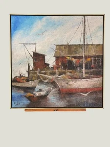 Millie Purvis Listed CA artist Mid Century Modern OIl Painting Harbor Scene 37" - Picture 1 of 5
