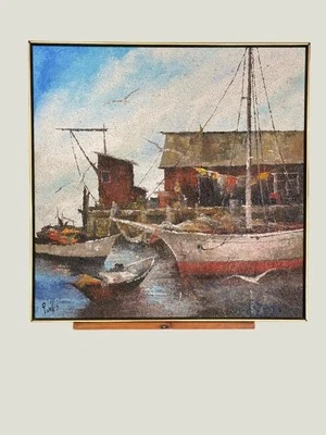 Millie Purvis Listado Artista CA Mediados de Siglo Moderno Pintura al Aceite Escena del Puerto 37" Foto 1 de 4