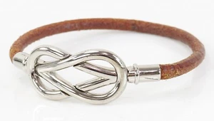 Auténtico Pulsera de Cuero Marrón Hermes Atame Tono Plateado #46812 - Imagen 1 de 9