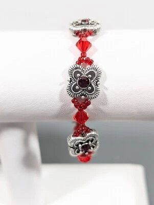 Brazalete Boho Western Tribal Rojo Vidrio Tono Plata Flor Tenis 7 pulgadas Foto 1 de 4