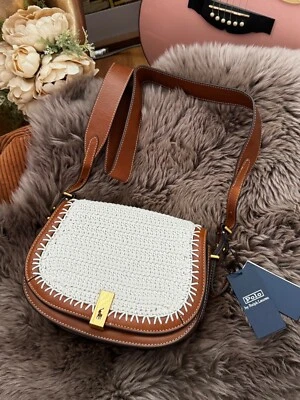 Polo RALPH LAUREN LEATHER Polo ID Crochet Saddle Bag Brown Cream - Image 1 of 4