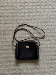 America Perry Ellis Vintage Black Leather Satchel Brown Strap Crossbody Purse - Picture 1 of 7