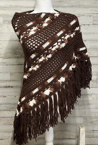 Crocheted Shawl Wrap Brown Fringe Tassels Autumn Fall Boho Handmade Vtg 70s 80s - Picture 1 of 23