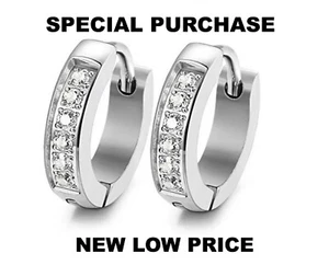 2pcs Men's Women's Stainless Steel CZ Inlaid Small Huggie Hinged Hoop Earrings - Picture 1 of 2