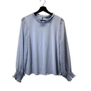 Top Adrianna Papell Anthropologie para mujer M azul con volantes cuello punteado mangas largas - Imagen 1 de 13