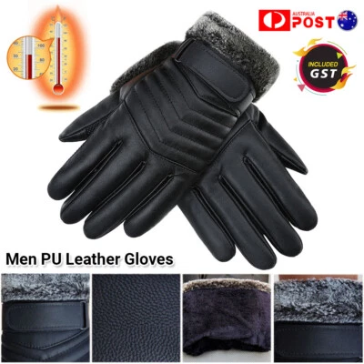 1/2 Winter Warm PU Leather Wool Wrist Gloves Touch Screen Full Finger Fur Mitten - image 1 of 4