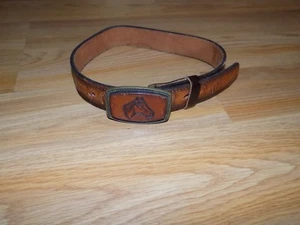 Child Size 20 Tooled Brown Leather Country Western Belt JAKOB Horse Buckle 25" - Picture 1 of 8