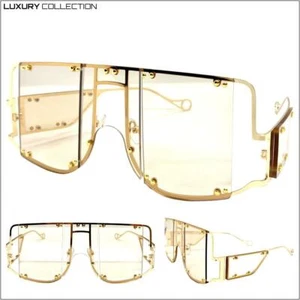 Oversized Contemporary Modern Retro Shield SUN GLASSES Gold Frame Champagne Lens - Picture 1 of 8