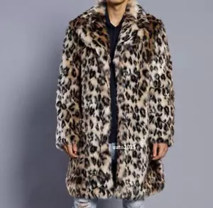Men Leopard Print Fur Suit Coat Rabbit Fur Long Coat Warm Parka Winter Overcoat - Picture 1 of 24
