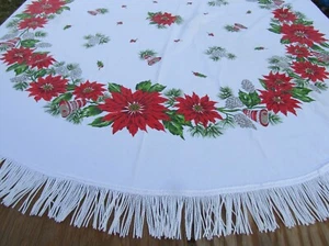 Round Christmas Tablecloth 3" Fringe Print Bells Poinsettia Pine Cones TC155 - Picture 1 of 17