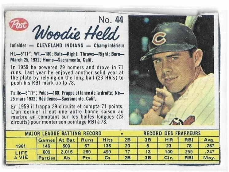 WOODIE HELD 1962 Post CANADIAN Cereal Baseball card #44 Cleveland Indians EX- - Image 1 of 3