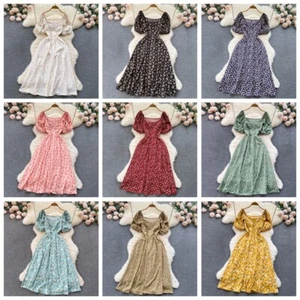 Lady Square Neck Floral Print Long Dress Puff Sleeve Flowy A-line Beach New Chic - Picture 1 of 21