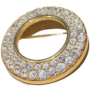 Swarovski Signed Gold Plated Round Pin Scarf Brooch Pave Crystals 1.5” Vintage - Picture 1 of 6