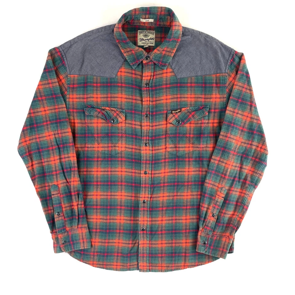 Wrangler Western Shirt Mens Sz XL Red Green Plaid Flannel Pearl Snap Long Sleeve - image 1 of 4