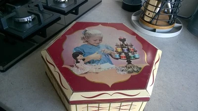 vintage hexagon shape Edward Sharp tin - little girl & her doll - Image 1 of 4