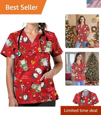 Women Scrubs V Neck Printed Medical Scrub Tops Nurse Uniform Pockets - Image 1 of 4