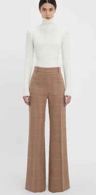 BNWT Victoria Beckham Alina Camel Check Wide-Leg Trousers Size UK 12 - Image 1 of 4